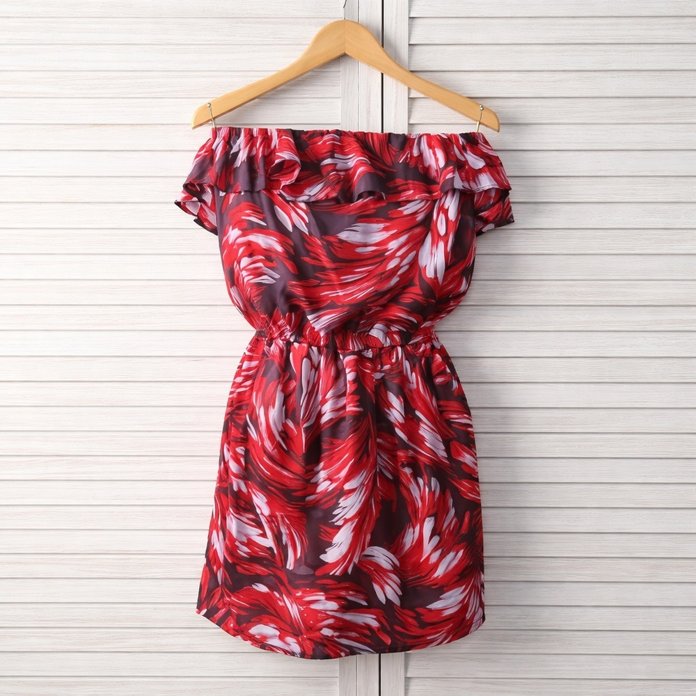 GAP Red Abstract Floral Strapless Dress Size Medium Resort-wear Boho Romantic